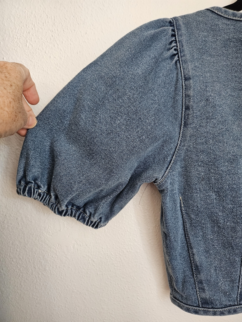 Forever 21 Blue Denim Puff-Sleeve Cropped Button-Front Top Sz S Festival Cowgirl - Picture 6 of 6